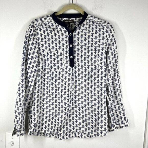 Tommy Bahama Women's 100% Silk White/Navy Floral Button Front Blouse Top Size XS - Picture 1 of 7